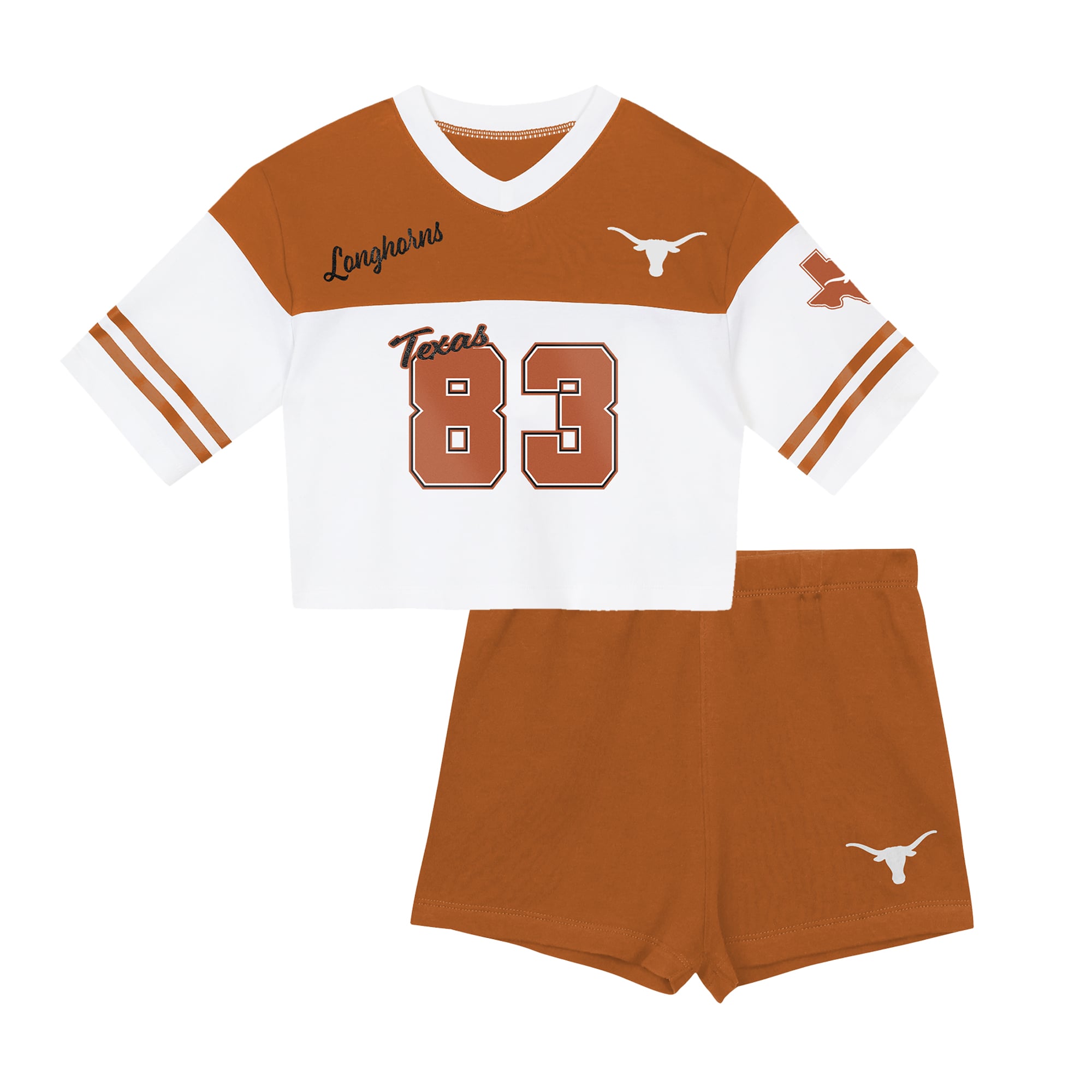 Ensemble T-shirt à col en V et short Outerstuff Texas orange/blanc pour filles (taille maternelle) - Modèle « Cutest Player » des Longhorns